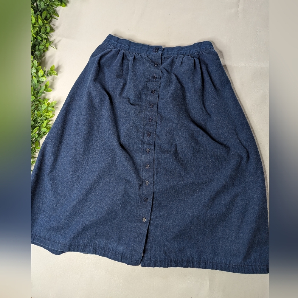 Vintage ILGWU Cotton Denim Midi Button Up Skirt Elastic Waist Panel Size 34